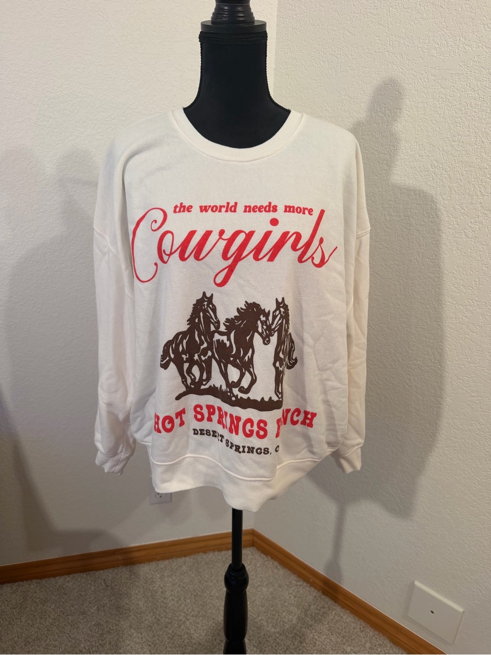 Grayson Threads White Sweatshirt with Red Script & Brown Horse Graphic